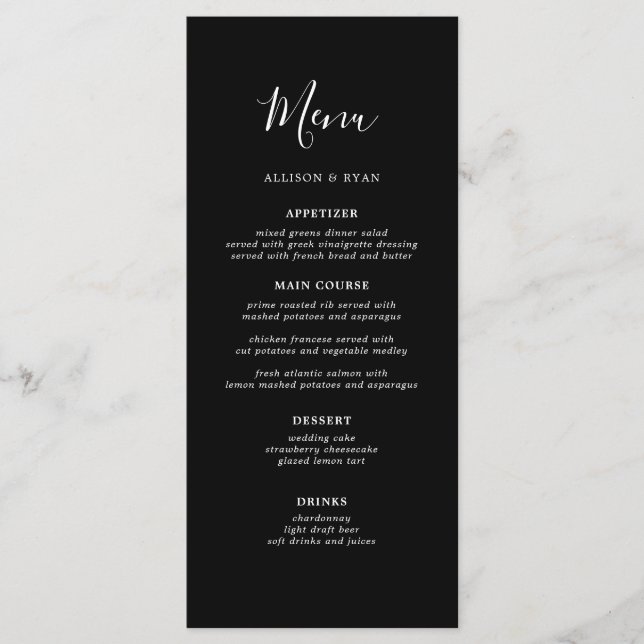 Minimalistisches Black Wedding Menu Menükarte (Vorderseite)