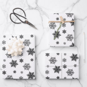 Minimalistisches Black Whimsical Snowflake Muster Geschenkpapier Set