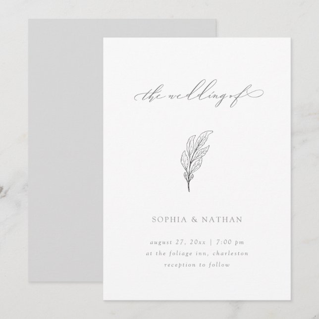 Minimalistisches Blatt | Elegante weiße und graue  Einladung (Vorne/Hinten)