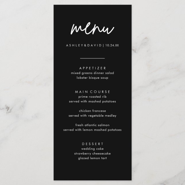 Minimalistisches BlaWedding Menü 4x9 Karten | Mode (Vorderseite)