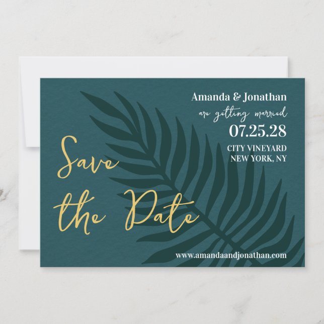 Minimalistisches Blue Palm Leaf Hochzeit Sichern S Save The Date (Vorderseite)