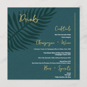 Minimalistisches Blue Palm Leaf Wedding Drinks Bar Menükarte