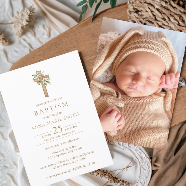 Minimalistisches Blumenkreuz Modernes Taufbecken F Einladung (Baptism Modern Minimalist Cross Invitation with Photo | Girl, Boy, Neutral, Floral)