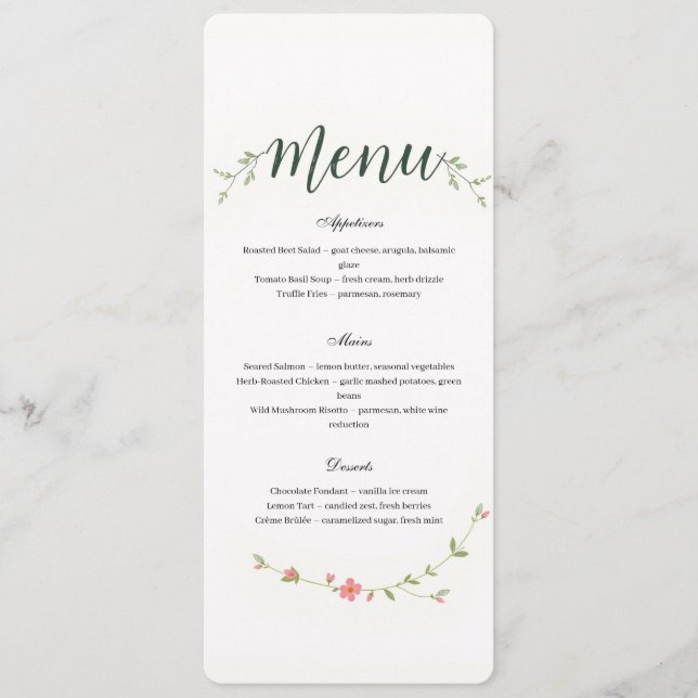Minimalistisches Blumenrestaurant oder Hochzeitsme Programm (Vorderseite)