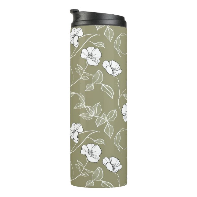 Minimalistisches Blumenweißes Olive Green Thermosbecher (Nach rechts gedreht)