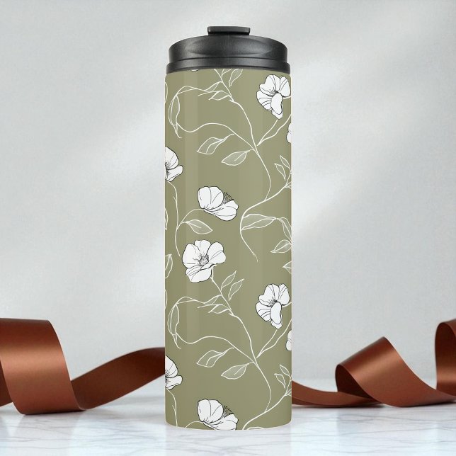 Minimalistisches Blumenweißes Olive Green Thermosbecher (Minimalist Floral White Botanical Olive Green Thermal Tumbler)