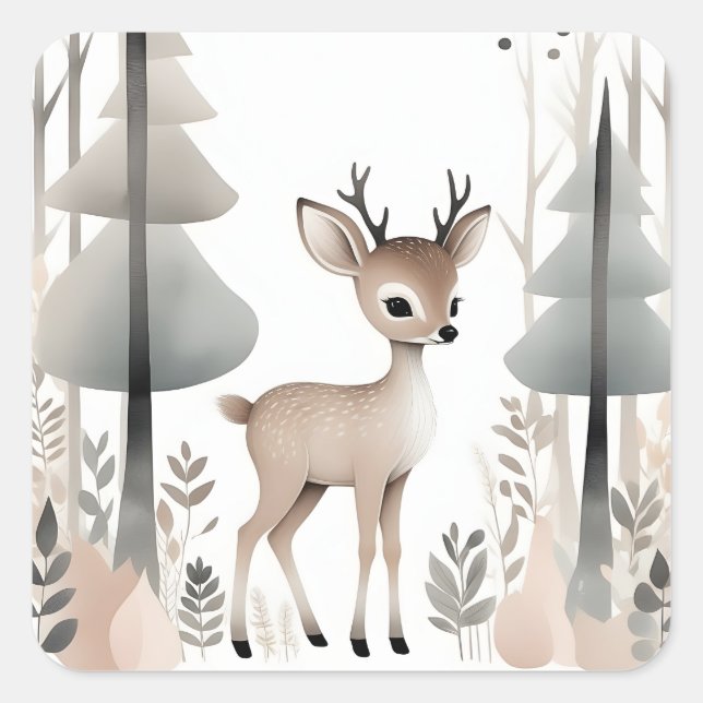 Minimalistisches Boho Deer im Wald Quadratischer Aufkleber (Vorderseite)