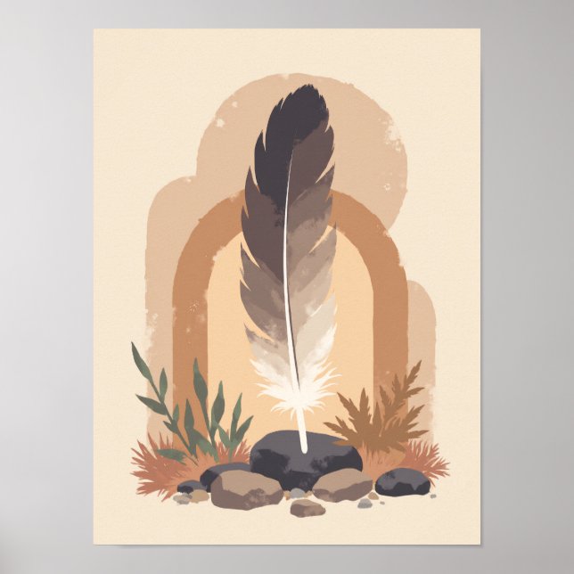 Minimalistisches Boho Feather Abstrakt Modernes Mu Poster (Vorne)