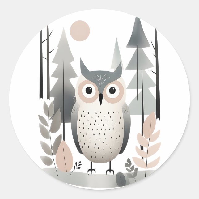 Minimalistisches Boho-Niedliches Owl im Wald Runder Aufkleber (Vorderseite)