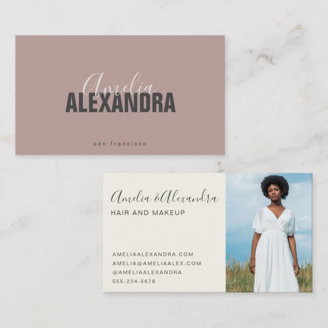 Minimalistisches Bold Script Boho Chic Mauve Foto Visitenkarte (Vorne/Hinten)