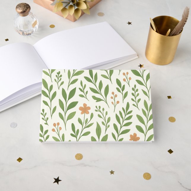 Minimalistisches botanisches Muster mit grünen Blä Gästebuch (Vorderseite Offen)