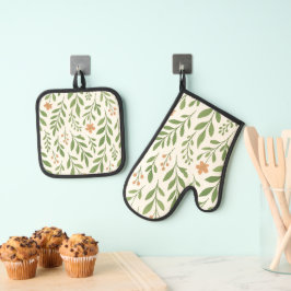Minimalistisches botanisches Muster mit grünen Blä Ofenhandschuh & Topflappen-Set