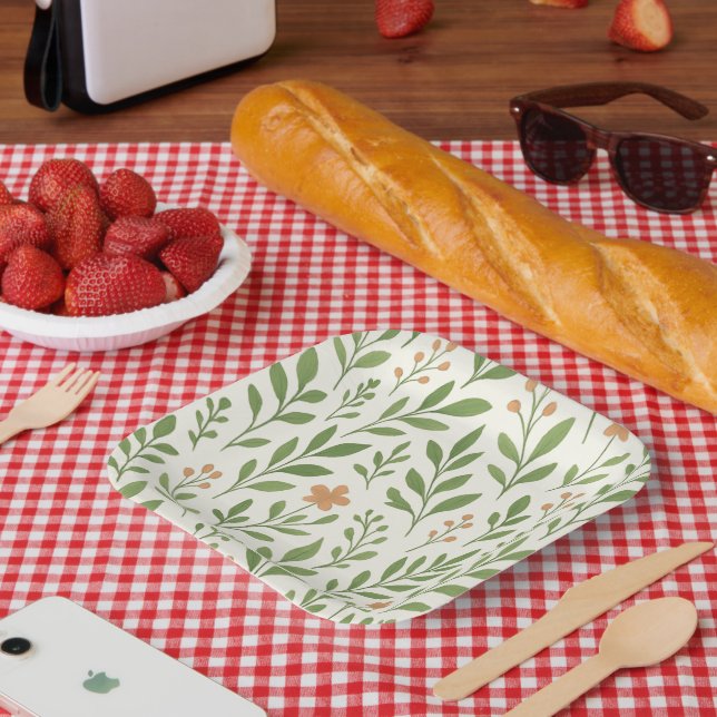 Minimalistisches botanisches Muster mit grünen Blä Pappteller (Picknick)