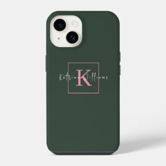 Minimalistisches Brandinglogo Dunkelgrüne rosa Mon iPhone 14 Hülle