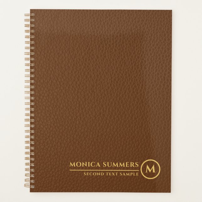 Minimalistisches braunes Ledertext-Einzelmonogramm Planer (Vorderseite)