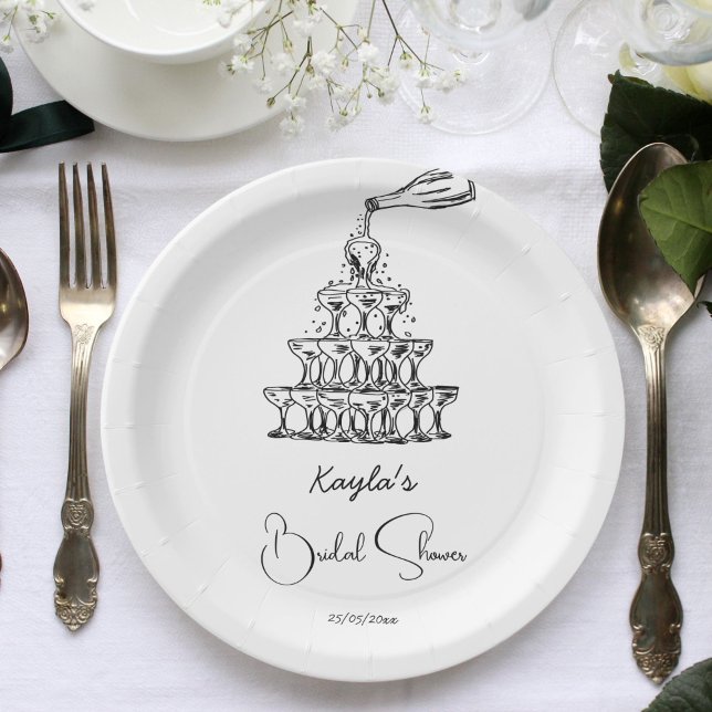 Minimalistisches Brautparty für den handgezogenen  Pappteller (Hand drawn scribble black and white champagne tower minimalist bridal shower template plates )