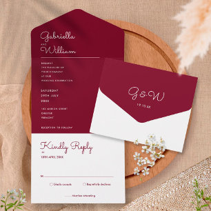 Minimalistisches burgunderrotes Schriftmonogramm z All In One Einladung