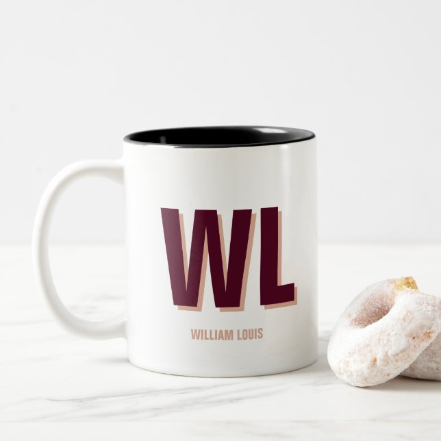 Minimalistisches Burgundy Rosa Personalisiertes Mo Zweifarbige Tasse (Mit Donut)
