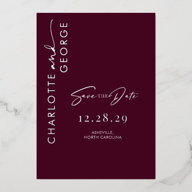 Minimalistisches Burgundy Silver Save the Date Folieneinladung (Vorderseite)