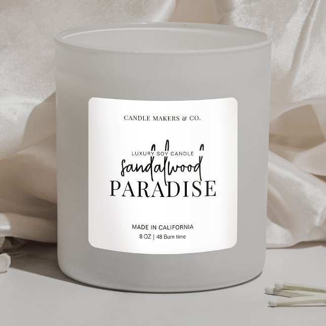 Minimalistisches Candle Square Quadratischer Aufkleber (Modern simple white and black candle jar square label with fully editable text and colors)