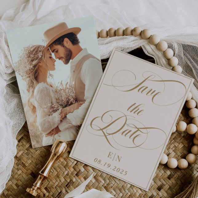 Minimalistisches Classic Ivory Gold Foto Save The Date (Von Creator hochgeladen)