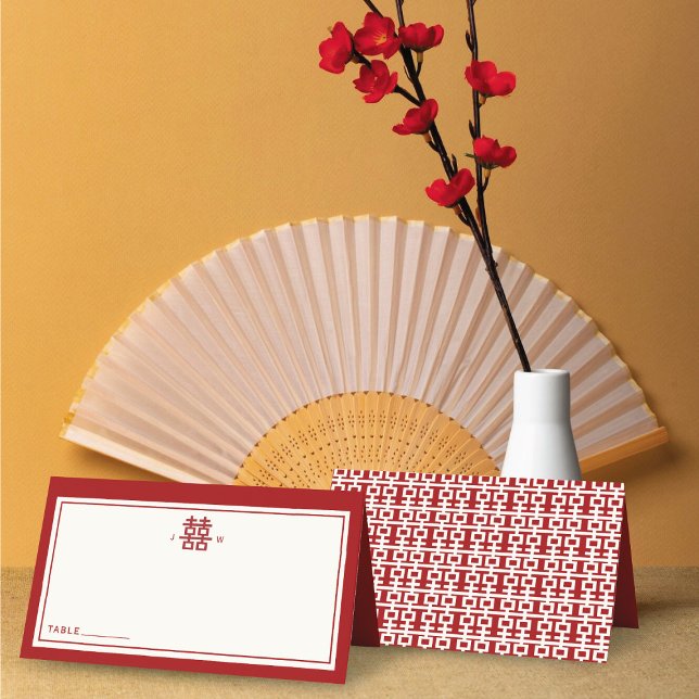 Minimalistisches doppeltes Glück Einfache chinesis Platzkarte (Minimalist Double Happiness Simple Chinese Wedding Place Card @ fatfatin_red_knot)
