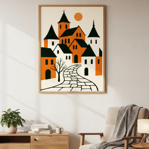 Minimalistisches Dorf mit Kopfsteinpflaster Straße Poster