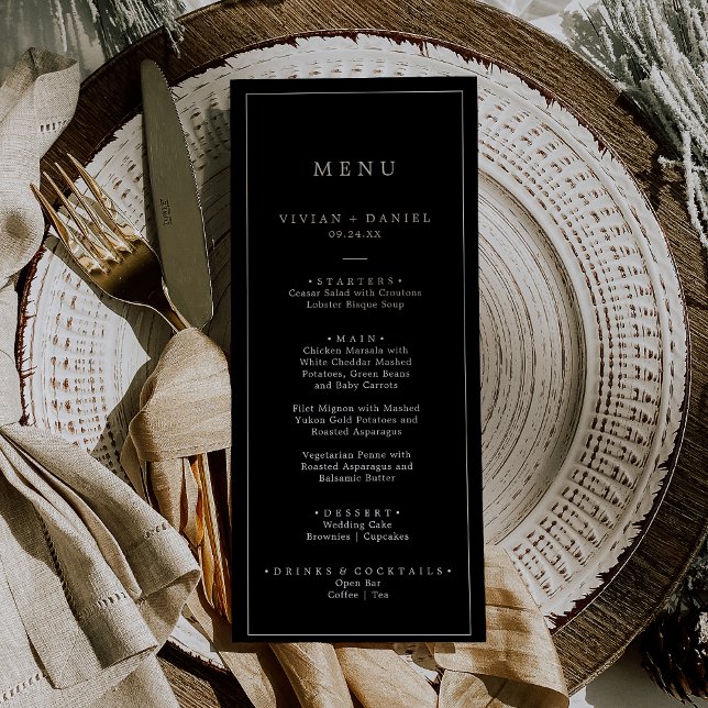 Minimalistisches, dunkelschwarz druckbares Hochzei Einladung (Minimalist Dark Black Printable Wedding Menu Invitation)