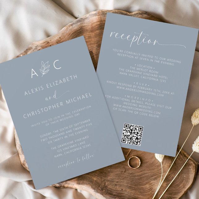 Minimalistisches Dusty Blue in einem Hochzeitcode Einladung (Von Creator hochgeladen)