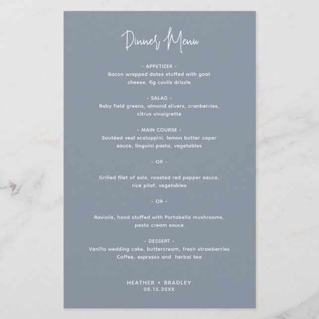 Minimalistisches Dusty Blue Modern Wedding Menu (Vorderseite)