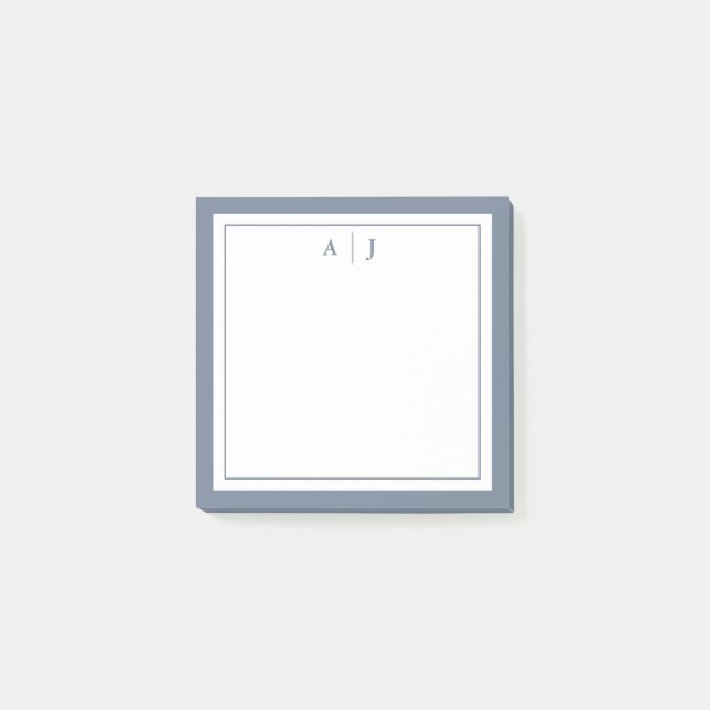 Minimalistisches Dusty Blue Two Border Monogramm Post-it Klebezettel (Vorderseite)