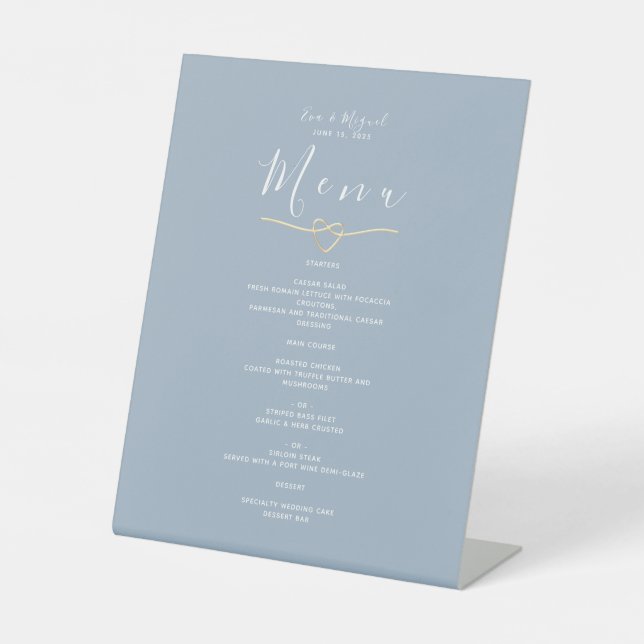 Minimalistisches Dusty Blue Wedding Menu Sockelschild (Vorderseite)
