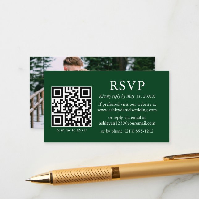 Minimalistisches einfaches Foto Hochzeit QR Green  Begleitkarte (Vorderseite/Rückseite Beispiel)