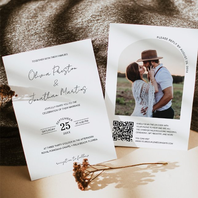 Minimalistisches Einfaches Hochfahren des QR-Code- Einladung (Minimalist Simple QR Code Arch Frame Photo Wedding Invitation)