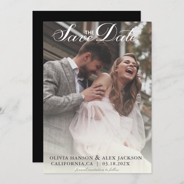 Minimalistisches Einfaches Script Foto Black Weddi Save The Date (Vorne/Hinten)