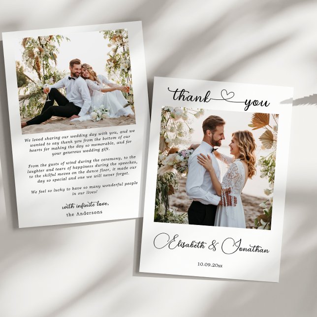 Minimalistisches einfaches Script Heart 2 Foto Hoc Dankeskarte (Minimalist Simple Script Heart 2 Photo Wedding Thank You Card)