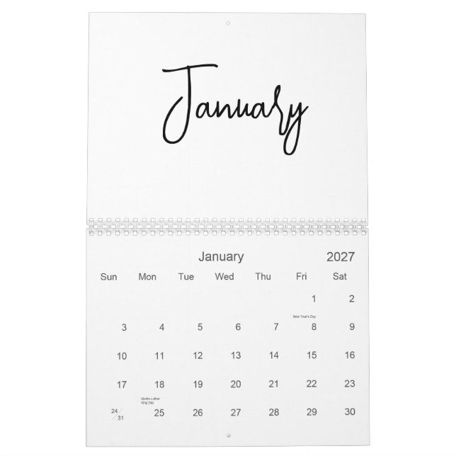Minimalistisches einfaches Skript für Schwarzweiß, Kalender (Jan 2027)