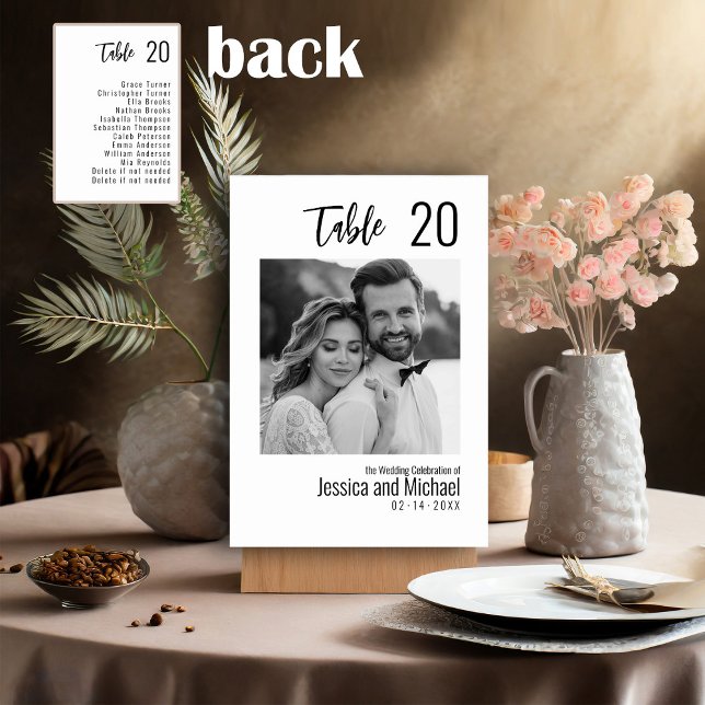💍 Minimalistisches Elegant mit Gästeliste Tischnummer (Vertical Table Number Card with Couples Picture from the Elegance Collection. double sided)