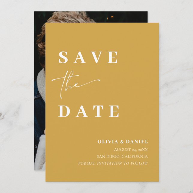 Minimalistisches Elegant Senf Foto Save the Date Einladung (Vorne/Hinten)