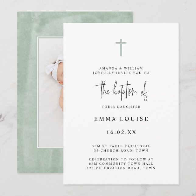 Minimalistisches elegantes grünes Foto Taufe Einladung (Vorne/Hinten)