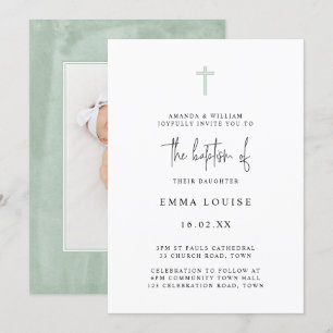 Minimalistisches elegantes grünes Foto Taufe Einladung