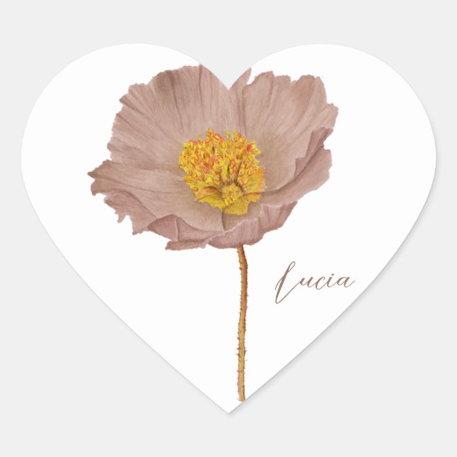 Minimalistisches, elegantes Mocha-Blumenmohnherz Herz-Aufkleber (Vorderseite)