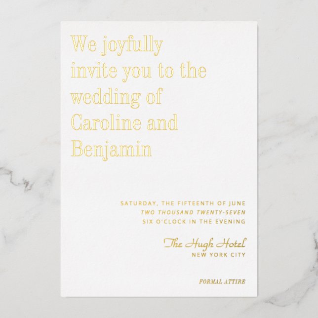 Minimalistisches elegantes, modernes Hochzeitsweiß Folieneinladung (Vorderseite)