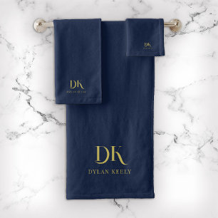 Minimalistisches, elegantes Monogram Dark Blue Gol Badhandtuch Set