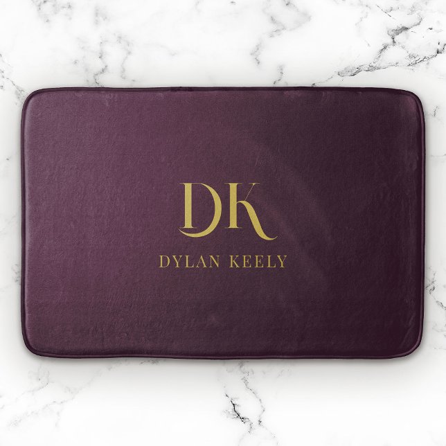 Minimalistisches, elegantes Monogram Dark Red Gold Badematte (Von Creator hochgeladen)