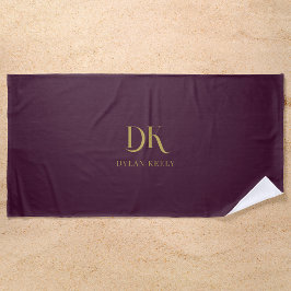 Minimalistisches, elegantes Monogram Dark Red Gold Strandtuch