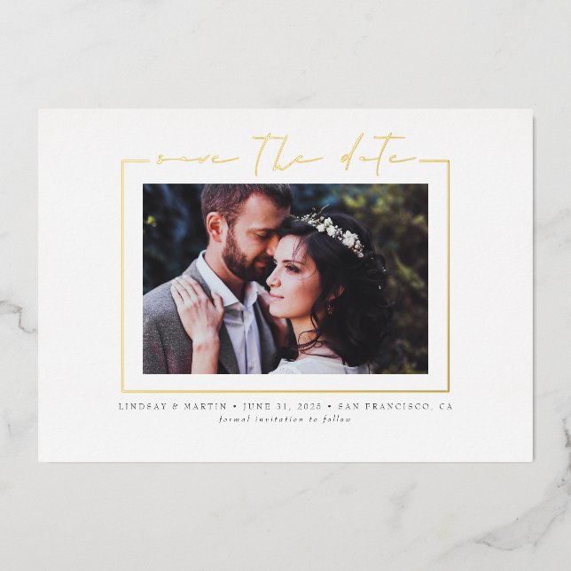 Minimalistisches elegantes Real-Gold-Save the Date Folieneinladung (Vorderseite)