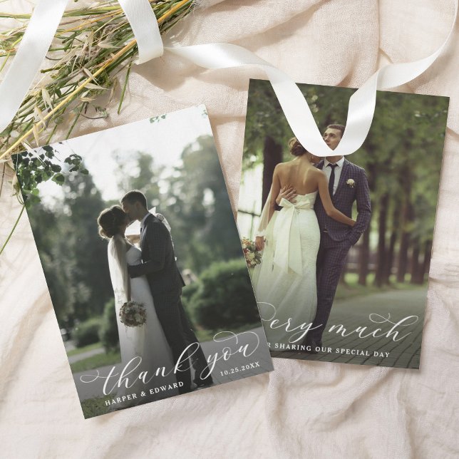 Minimalistisches, elegantes Script 2 Foto Hochzeit Dankeskarte (Von Creator hochgeladen)