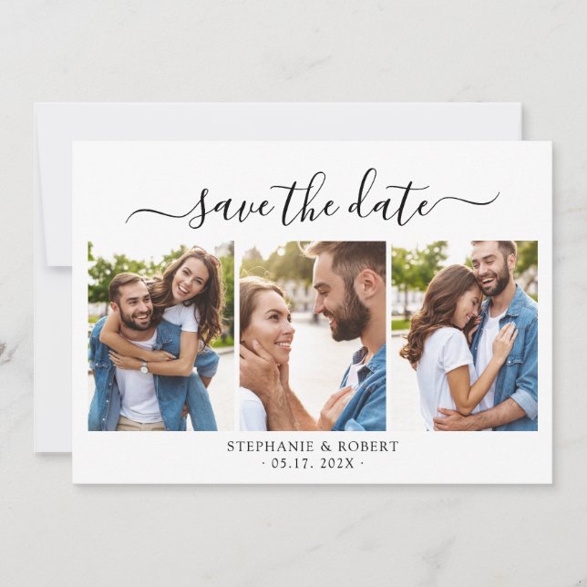 Minimalistisches elegantes Script 3 Foto Collage W Save The Date (Vorderseite)