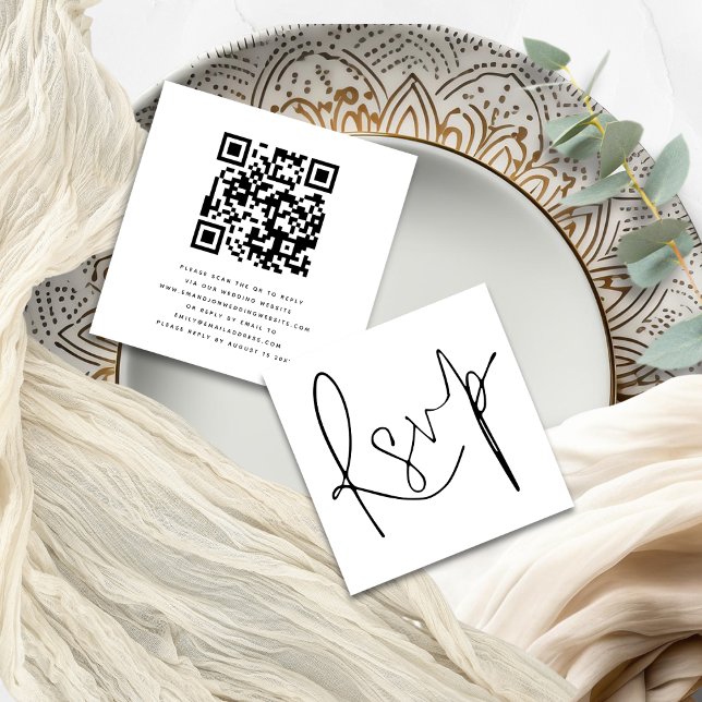 Minimalistisches elegantes Script QR Code Hochzeit Begleitkarte (Front and back view)
